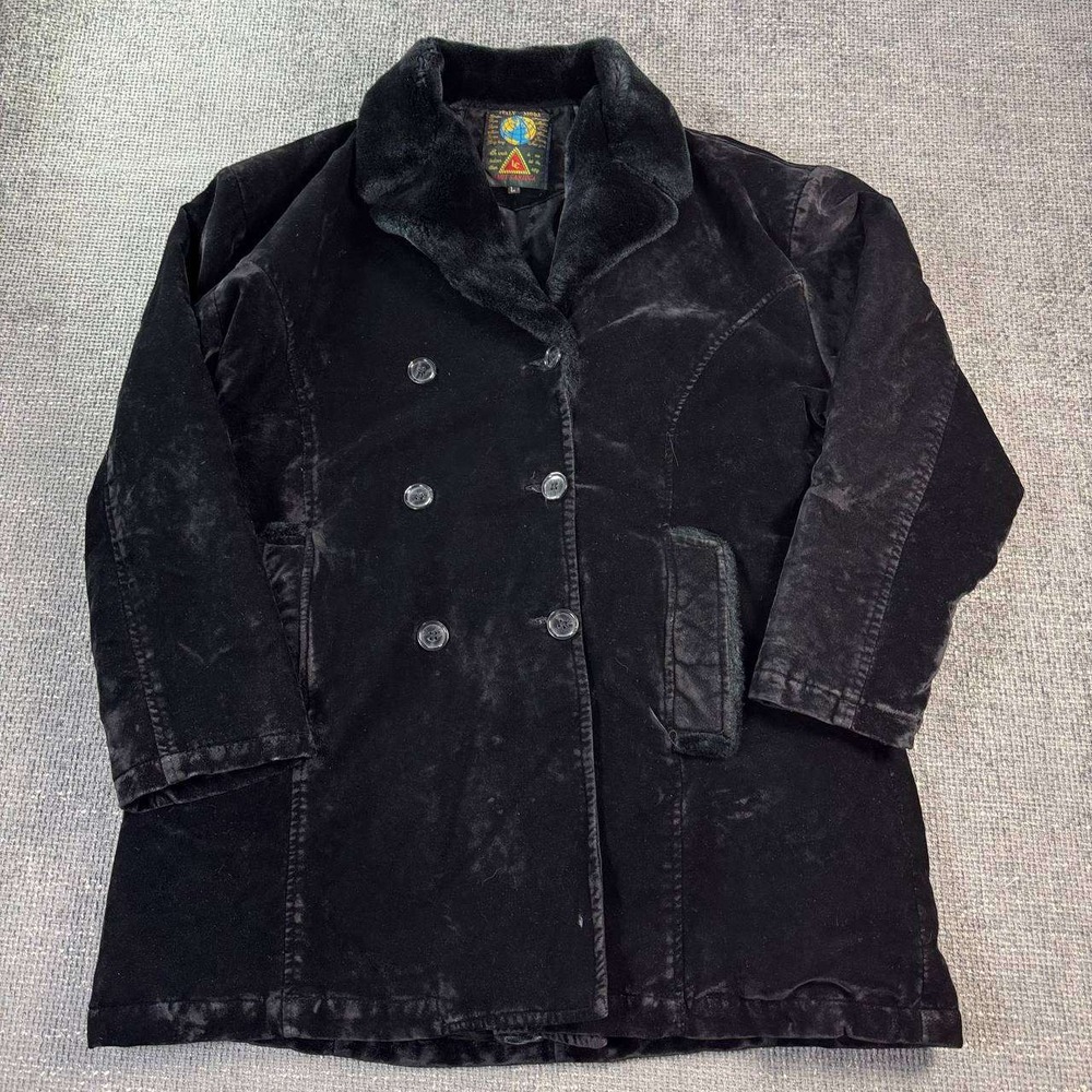 Lady Carioca Velour Pea Coat Women Large Black Faux Fur Collar Y2K Goth